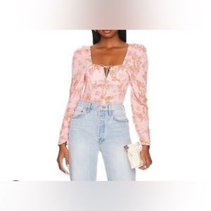 New With Tags Free People Hilary Printed Top in pink with brown and white floral